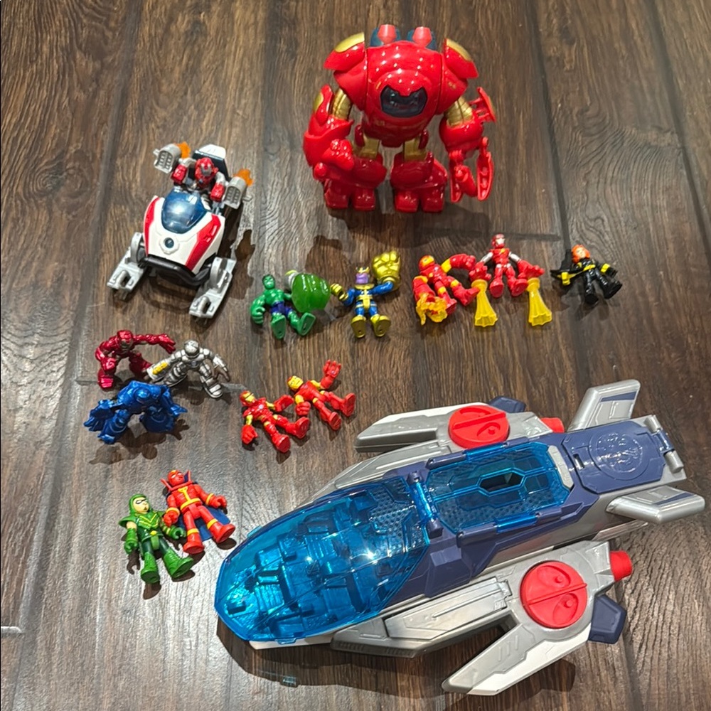 Hasbro Playskool superhero figures, hulk buster, and jet